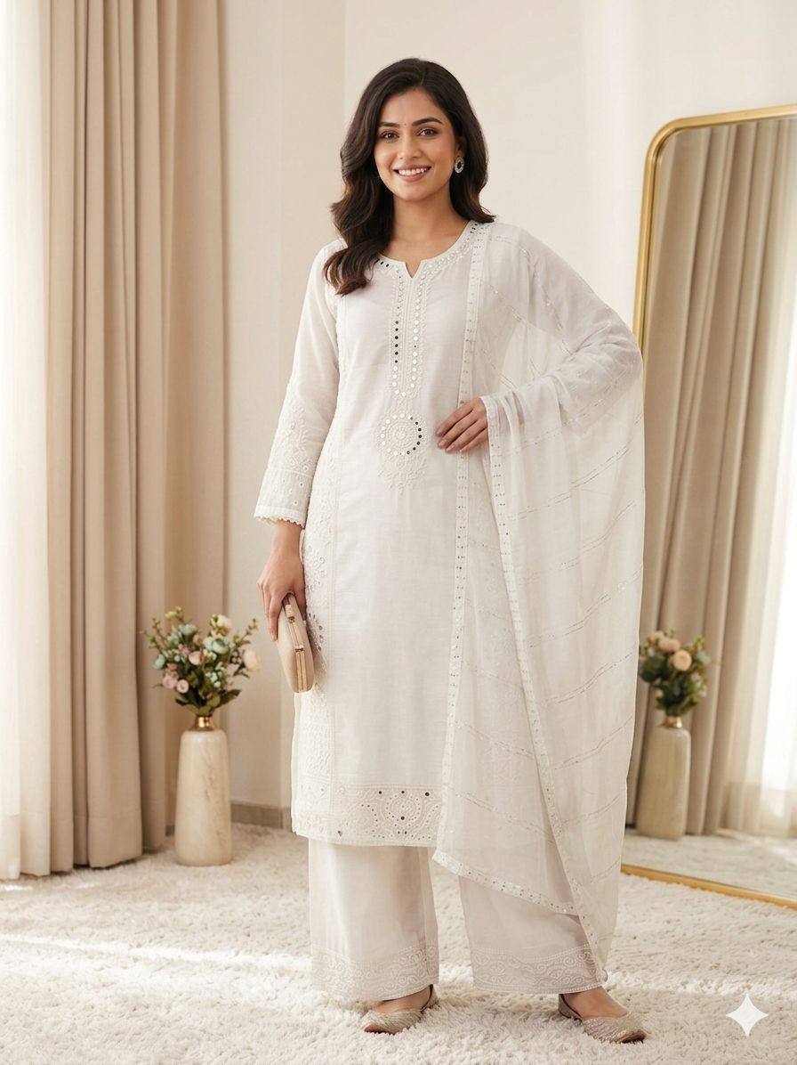 White Mul Chanderi Mirror Work Kurta Palazzo Set, view 2