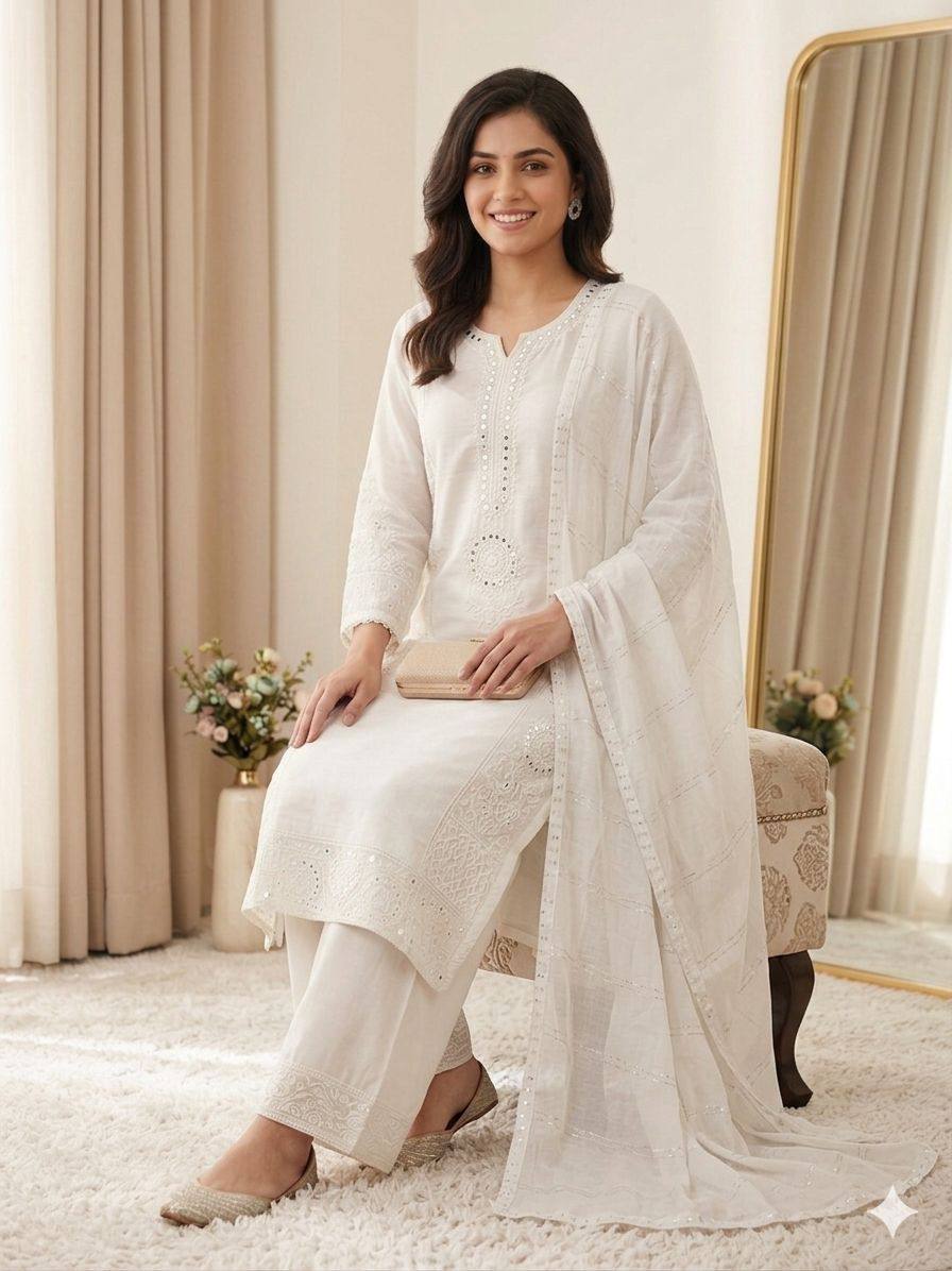 White Mul Chanderi Mirror Work Kurta Palazzo Set, view 3