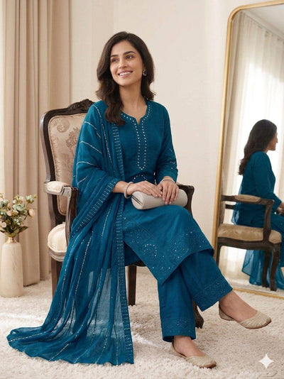 Teal Blue Mul Chanderi Mirror Work Kurta Palazzo Set