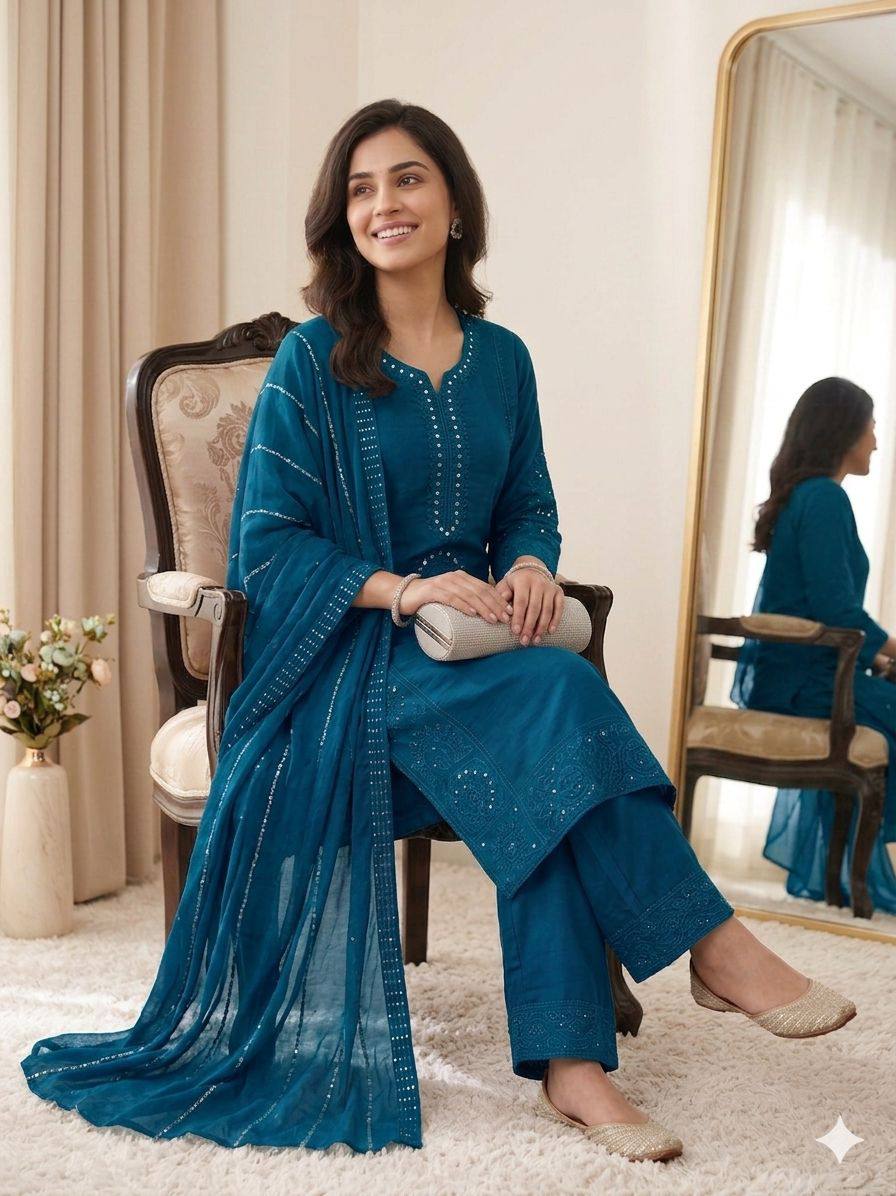 Teal Blue Mul Chanderi Mirror Work Kurta Palazzo Set