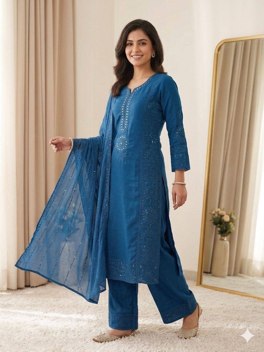 Teal Blue Mul Chanderi Mirror Work Kurta Palazzo Set, view 2