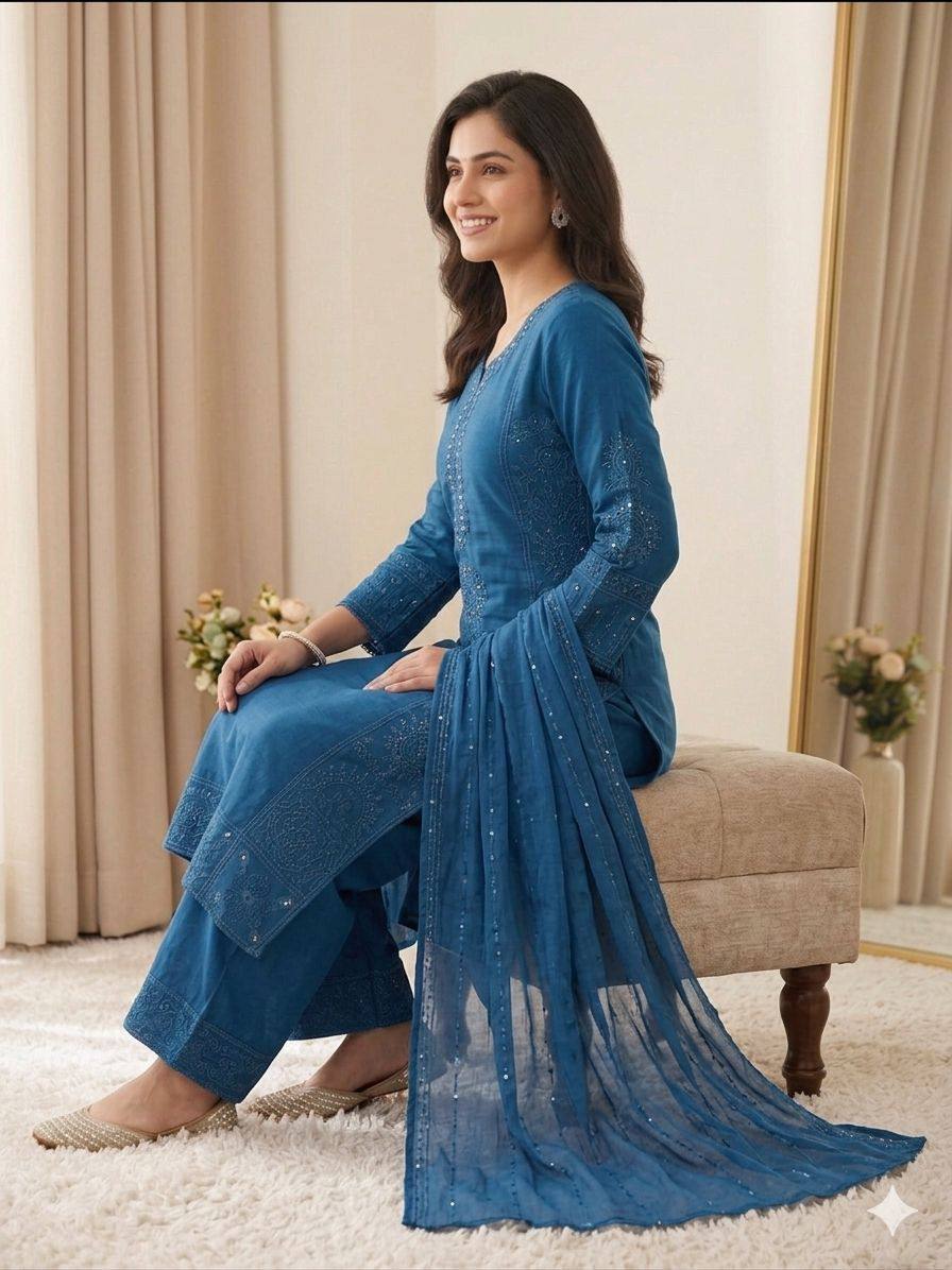 Teal Blue Mul Chanderi Mirror Work Kurta Palazzo Set, view 3