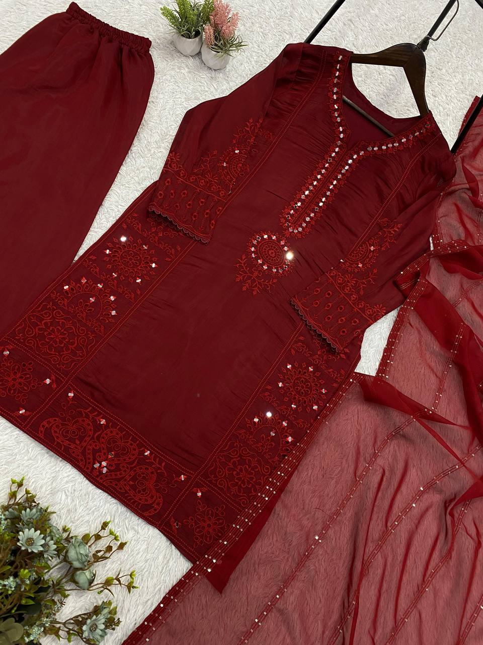 Maroon Mul Chanderi Mirror Work Kurta Palazzo Set, view 6