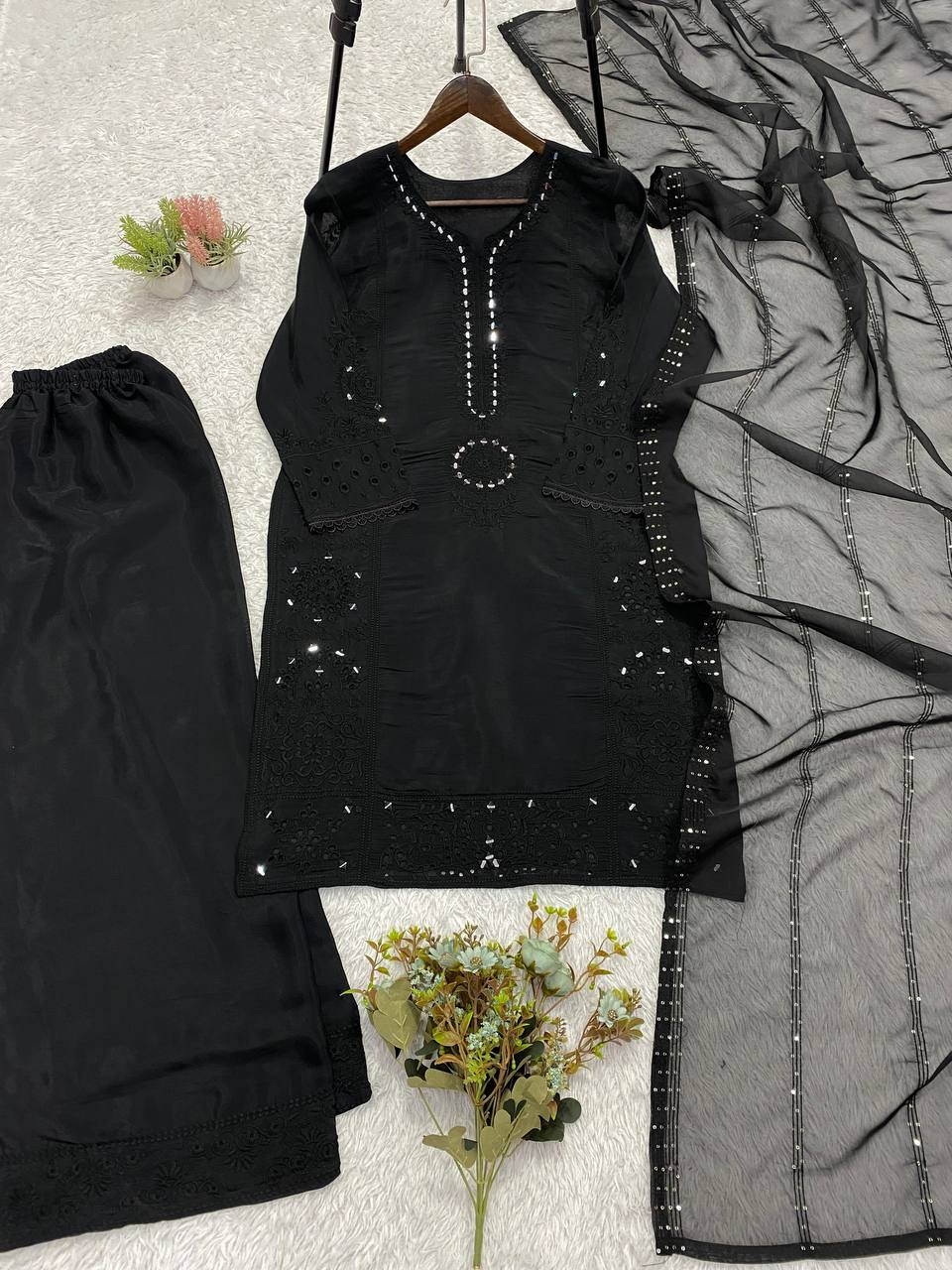 Black Mul Chanderi Mirror Work Kurta Palazzo Set, view 4