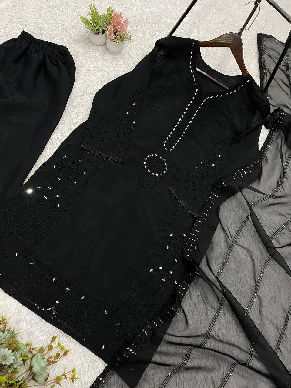 Black Mul Chanderi Mirror Work Kurta Palazzo Set, view 5