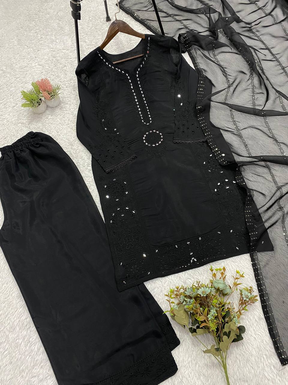 Black Mul Chanderi Mirror Work Kurta Palazzo Set, view 6