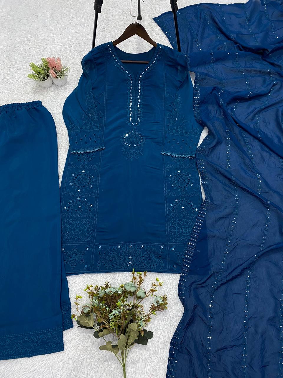 Teal Blue Mul Chanderi Mirror Work Kurta Palazzo Set, view 4