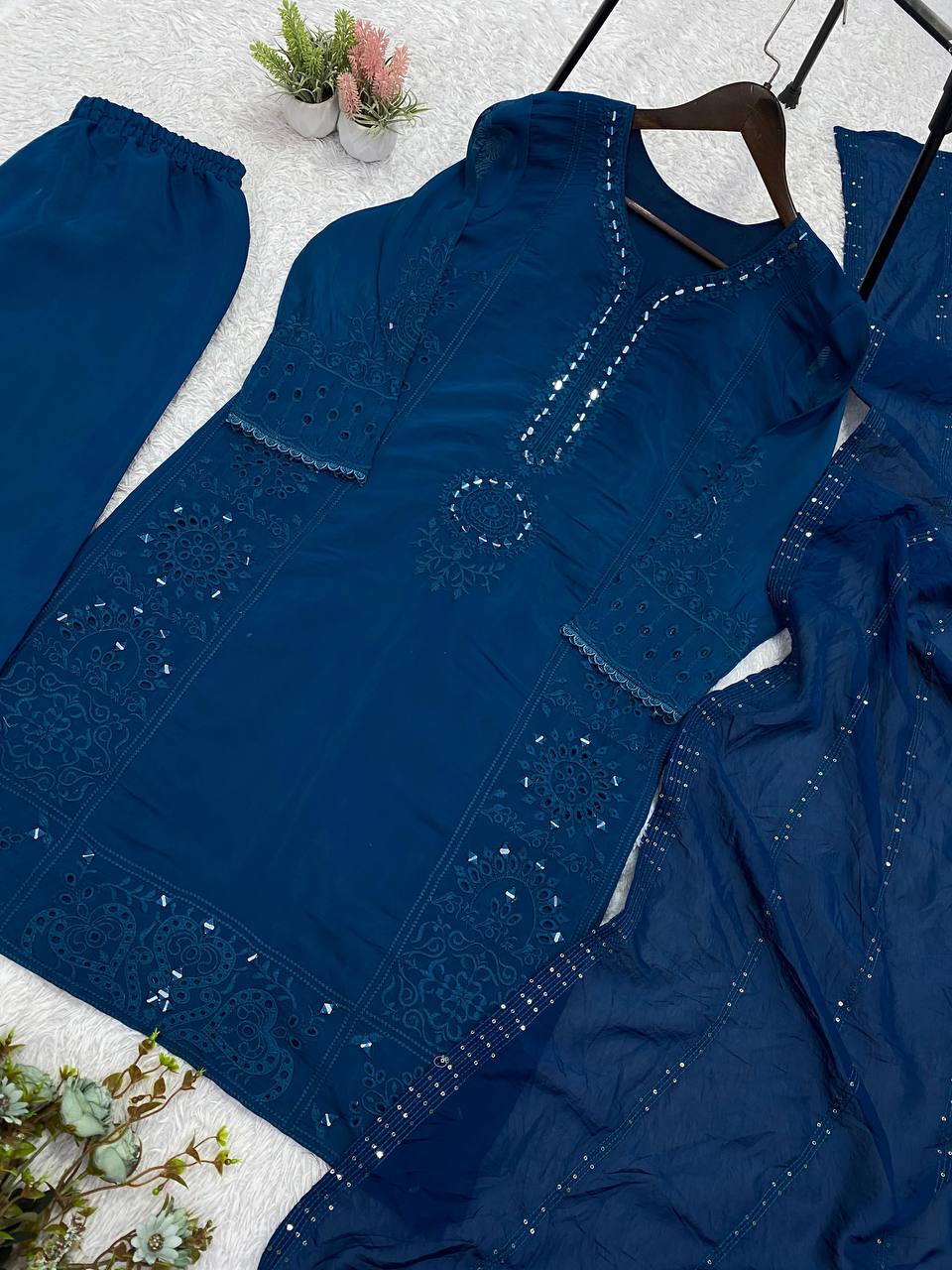 Teal Blue Mul Chanderi Mirror Work Kurta Palazzo Set, view 5