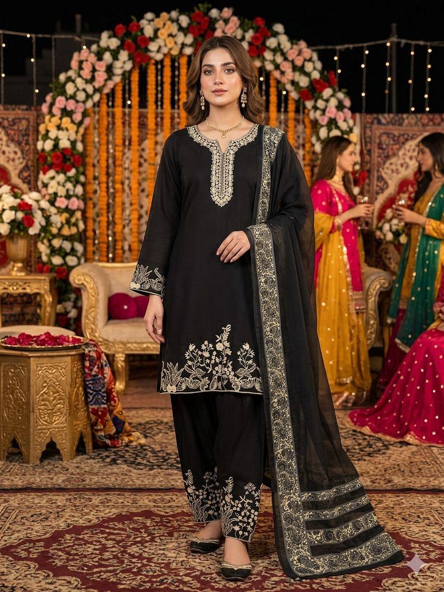 Black Rayon Mirror Work Kurta Salwar Set