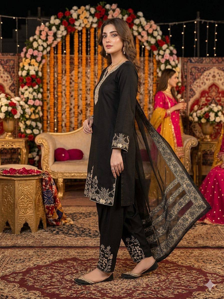 Black Rayon Mirror Work Kurta Salwar Set, view 2