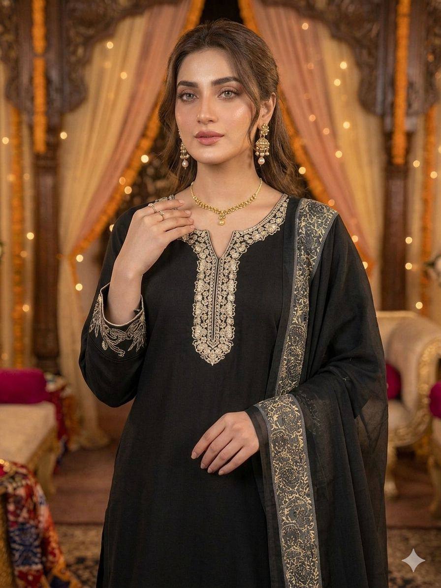 Black Rayon Mirror Work Kurta Salwar Set, view 3