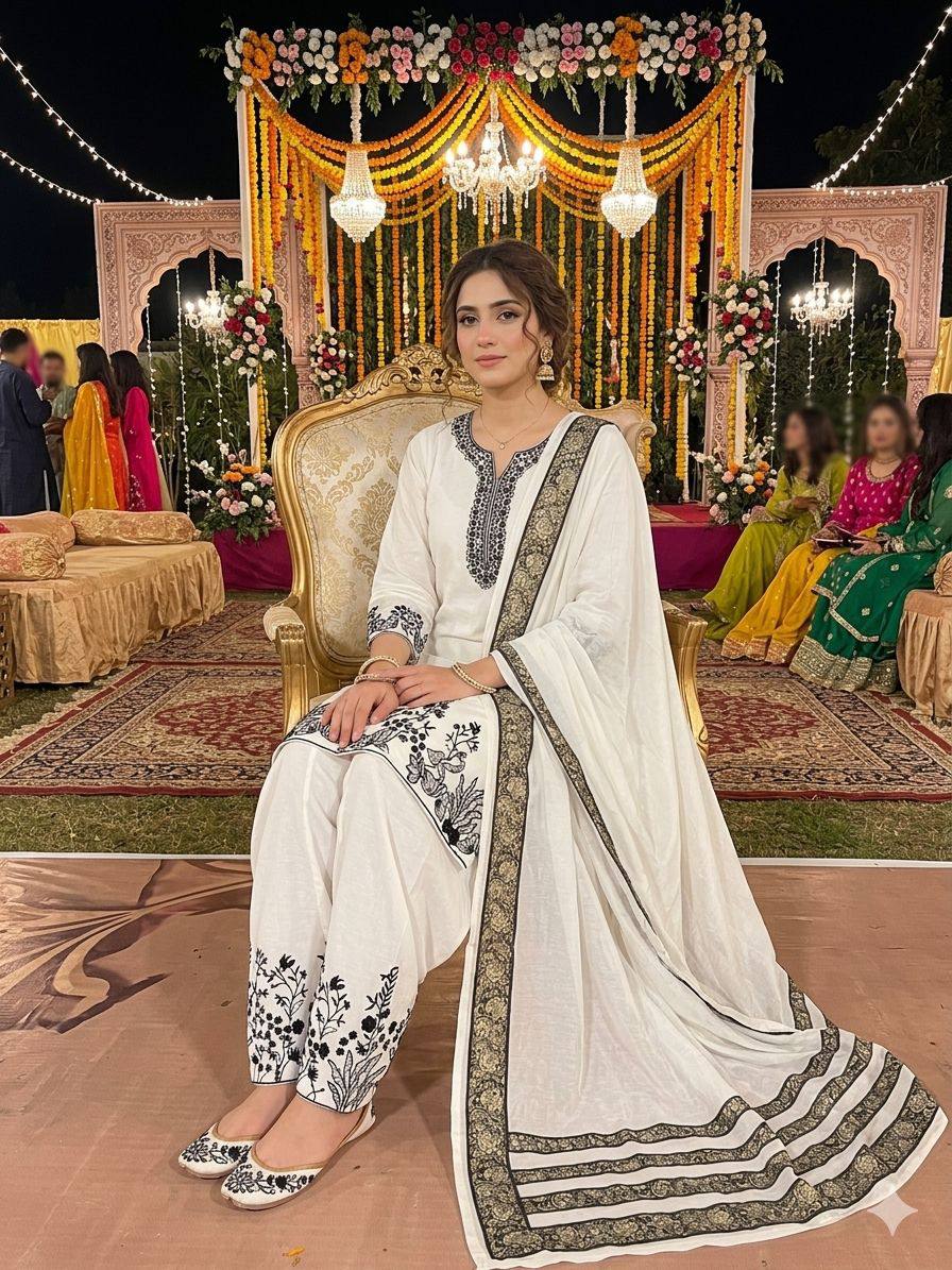 White Rayon Mirror Work Kurta Salwar Set, view 2