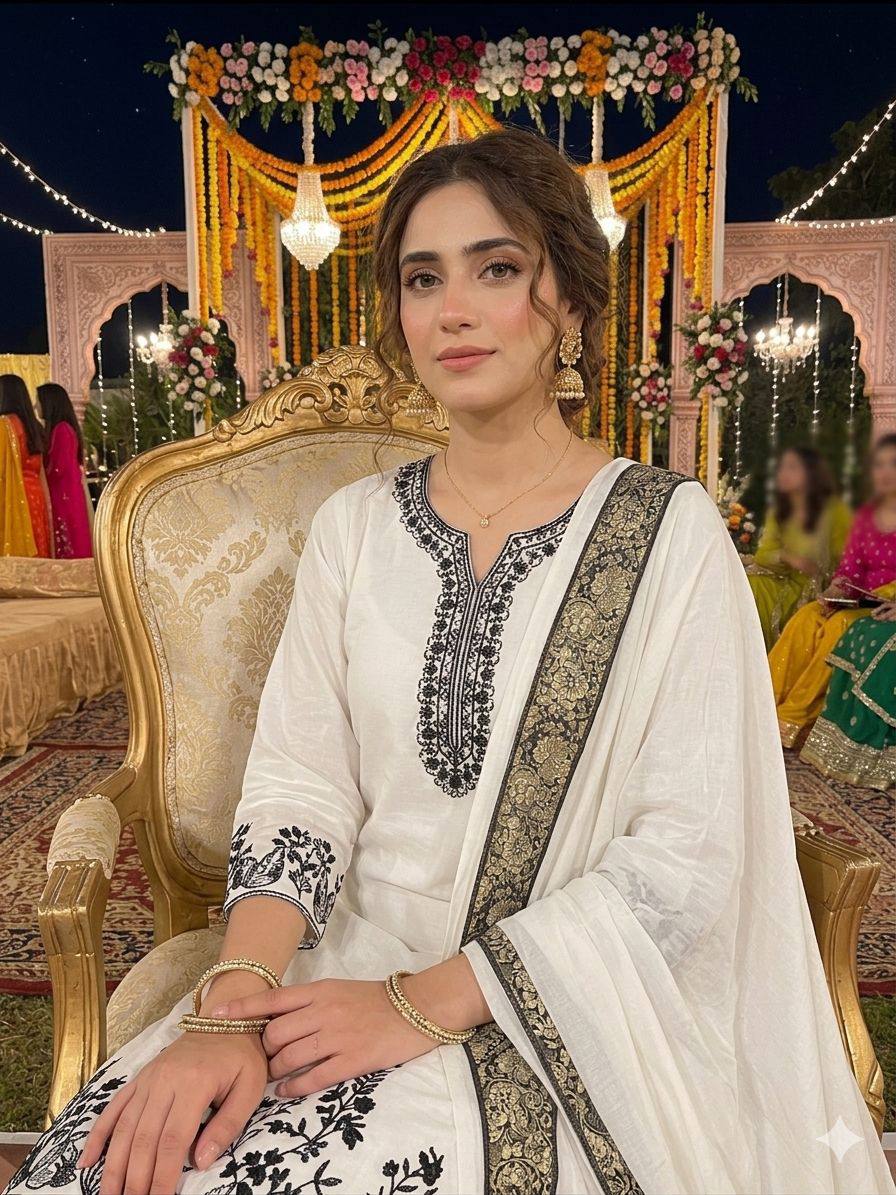 White Rayon Mirror Work Kurta Salwar Set, view 3