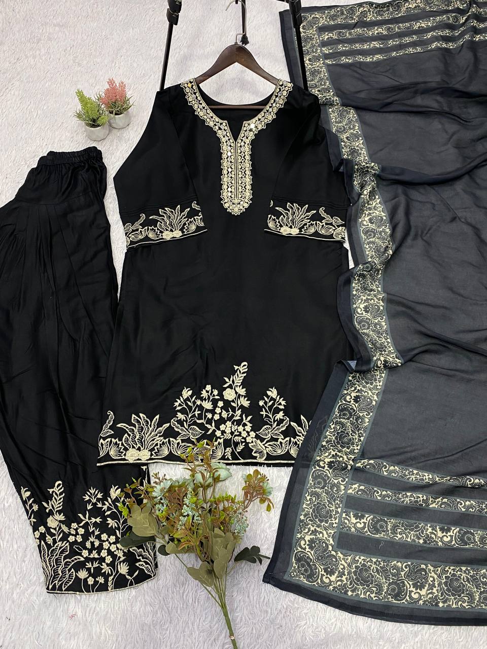 Black Rayon Mirror Work Kurta Salwar Set, view 4