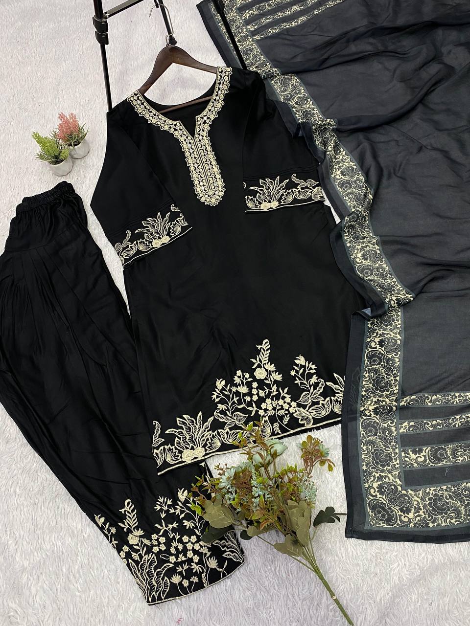 Black Rayon Mirror Work Kurta Salwar Set, view 5