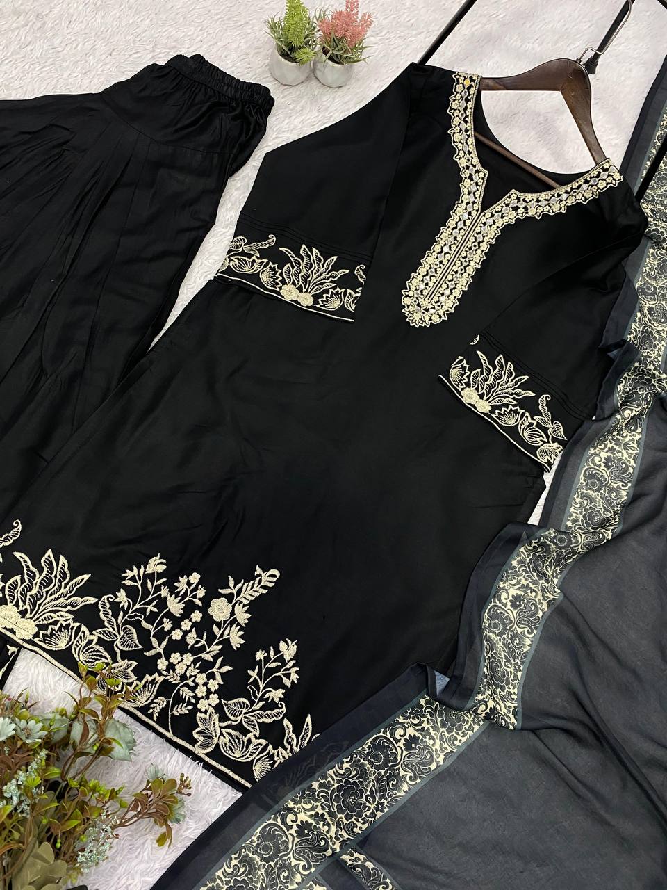 Black Rayon Mirror Work Kurta Salwar Set, view 6