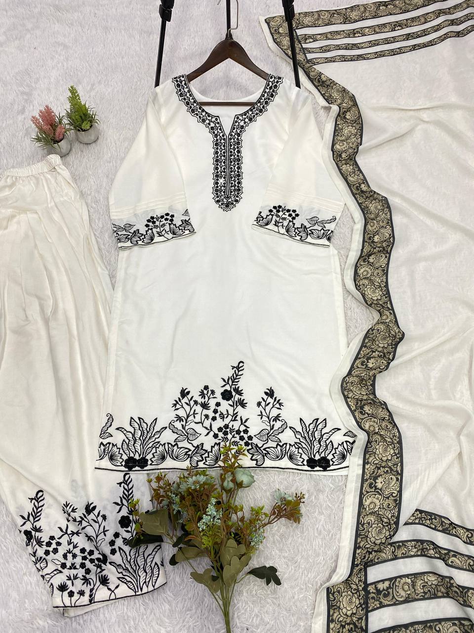 White Rayon Mirror Work Kurta Salwar Set, view 4