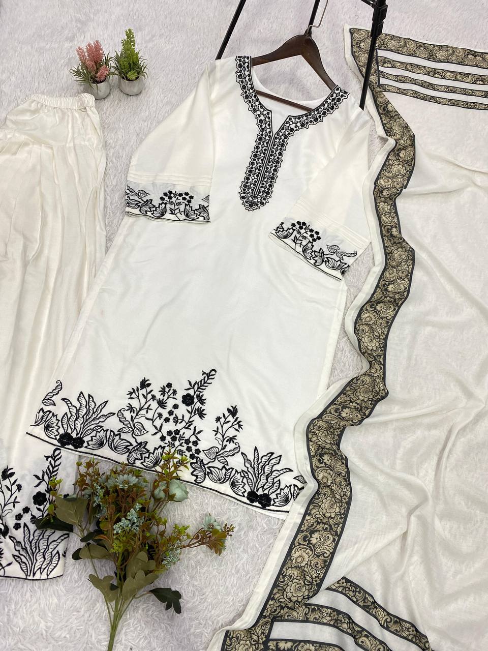 White Rayon Mirror Work Kurta Salwar Set, view 5