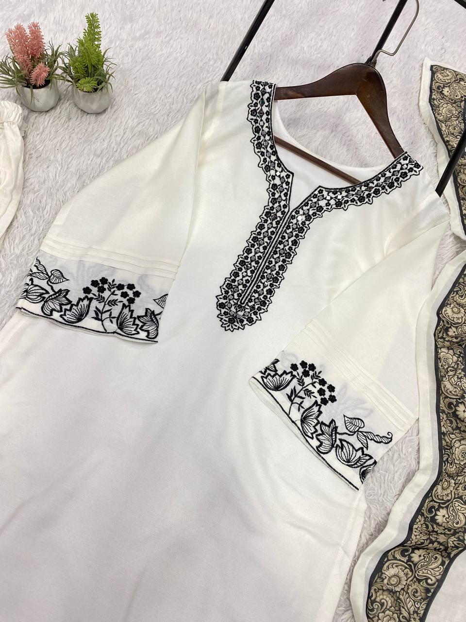 White Rayon Mirror Work Kurta Salwar Set, view 6