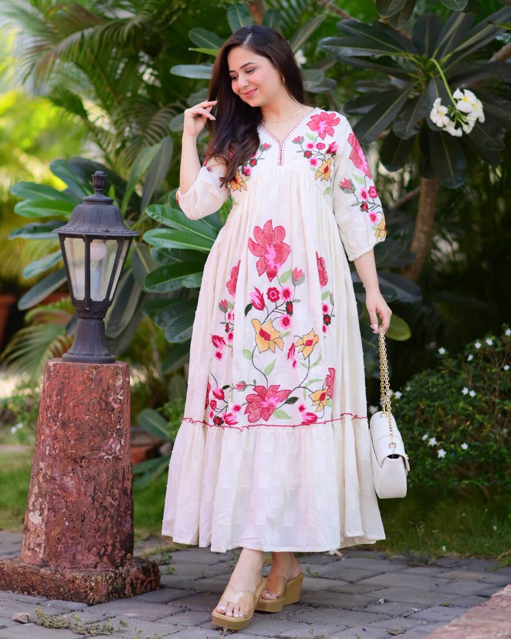 White Rayon Embroidered Gown, view 2