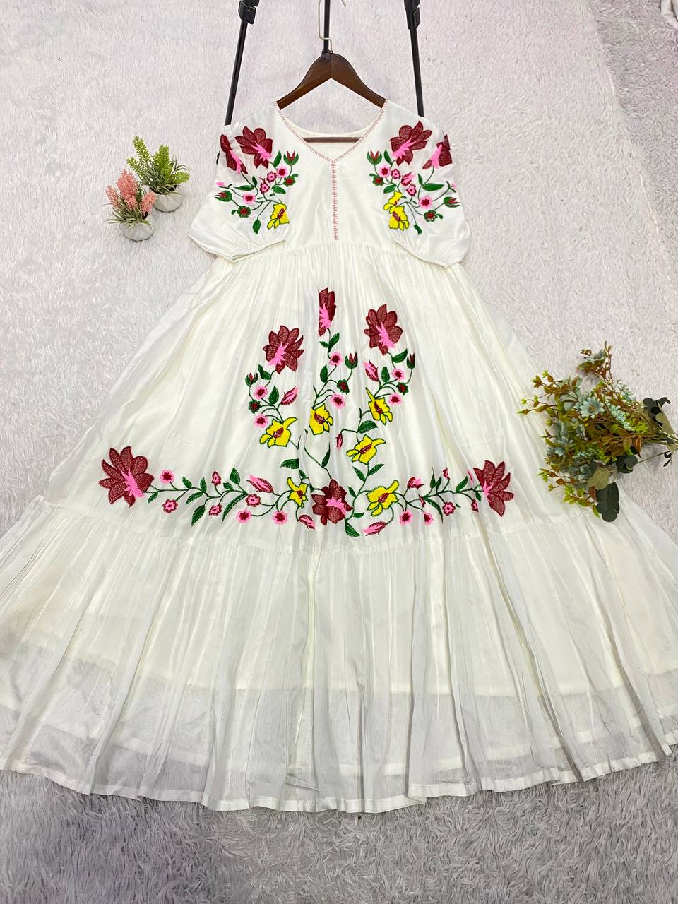 White Rayon Embroidered Gown, view 6