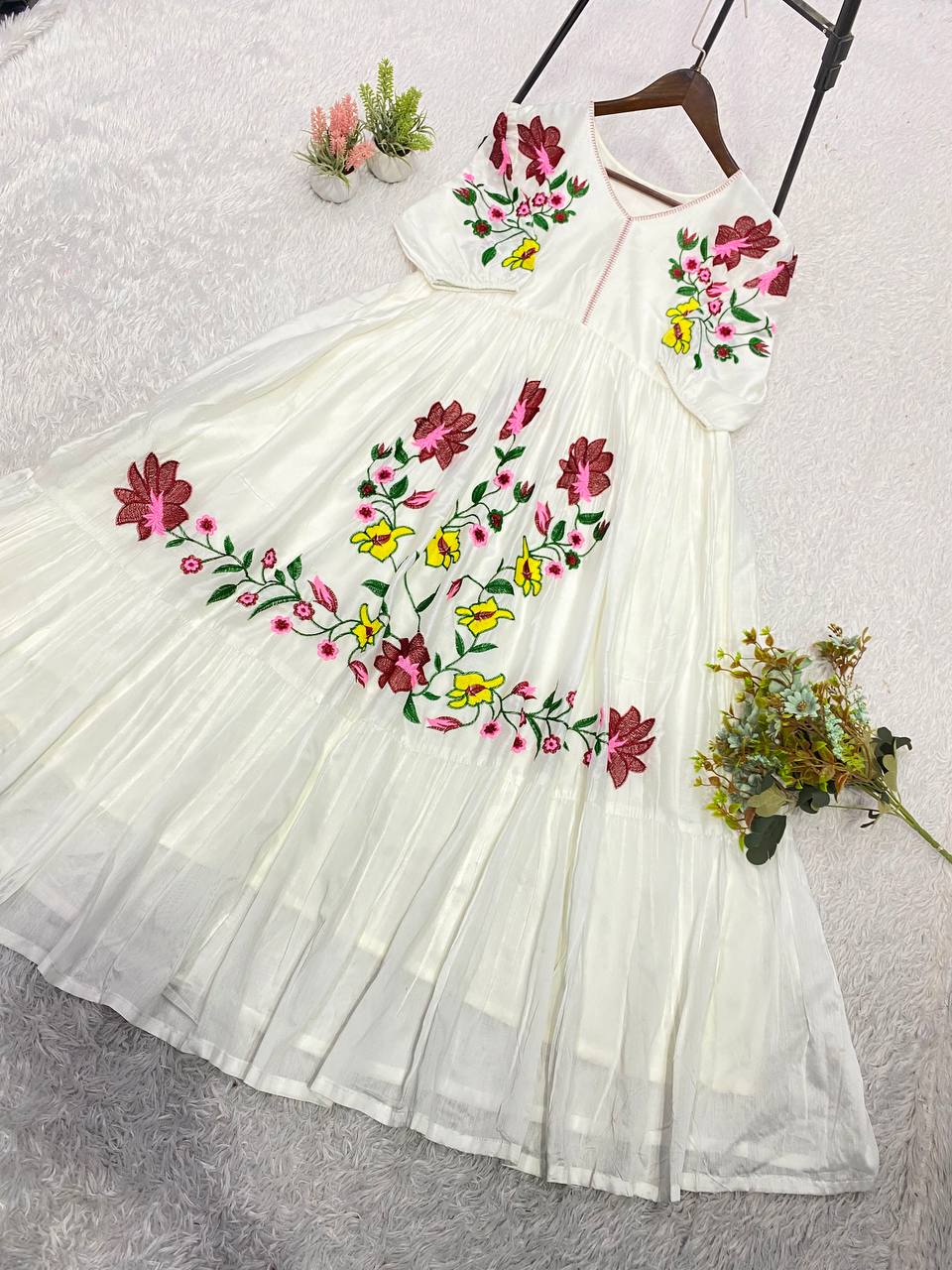 White Rayon Embroidered Gown, view 7