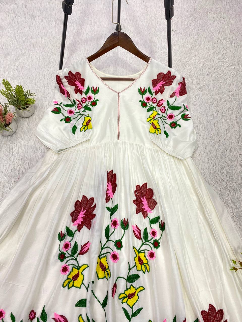 White Rayon Embroidered Gown, view 8