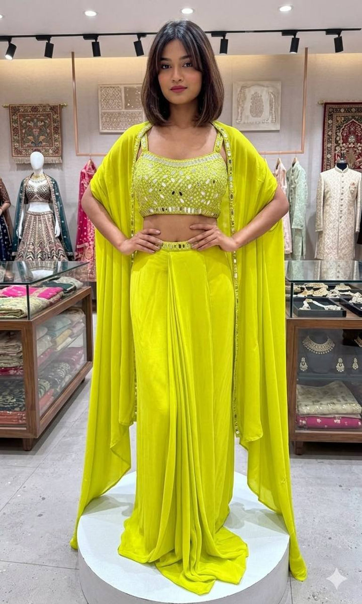 Lime Green French Crepe Mirror Work Indo-Western Set