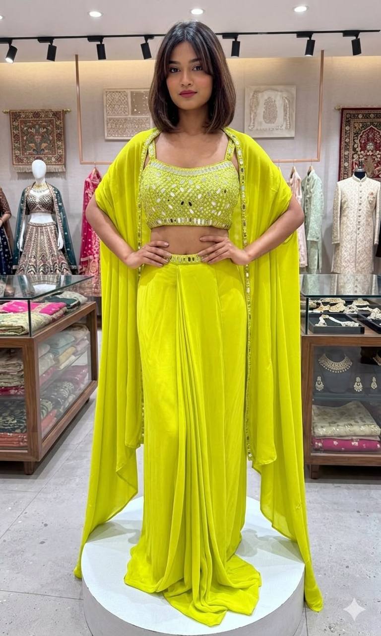 Lime Green French Crepe Mirror Work Indo-Western Set