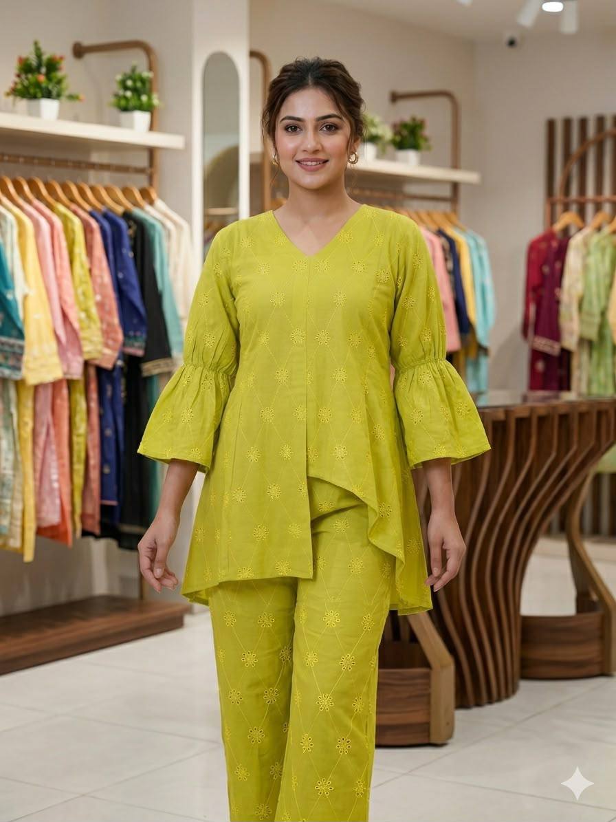 Lime Yellow Cotton Embroidered Co-ord Set