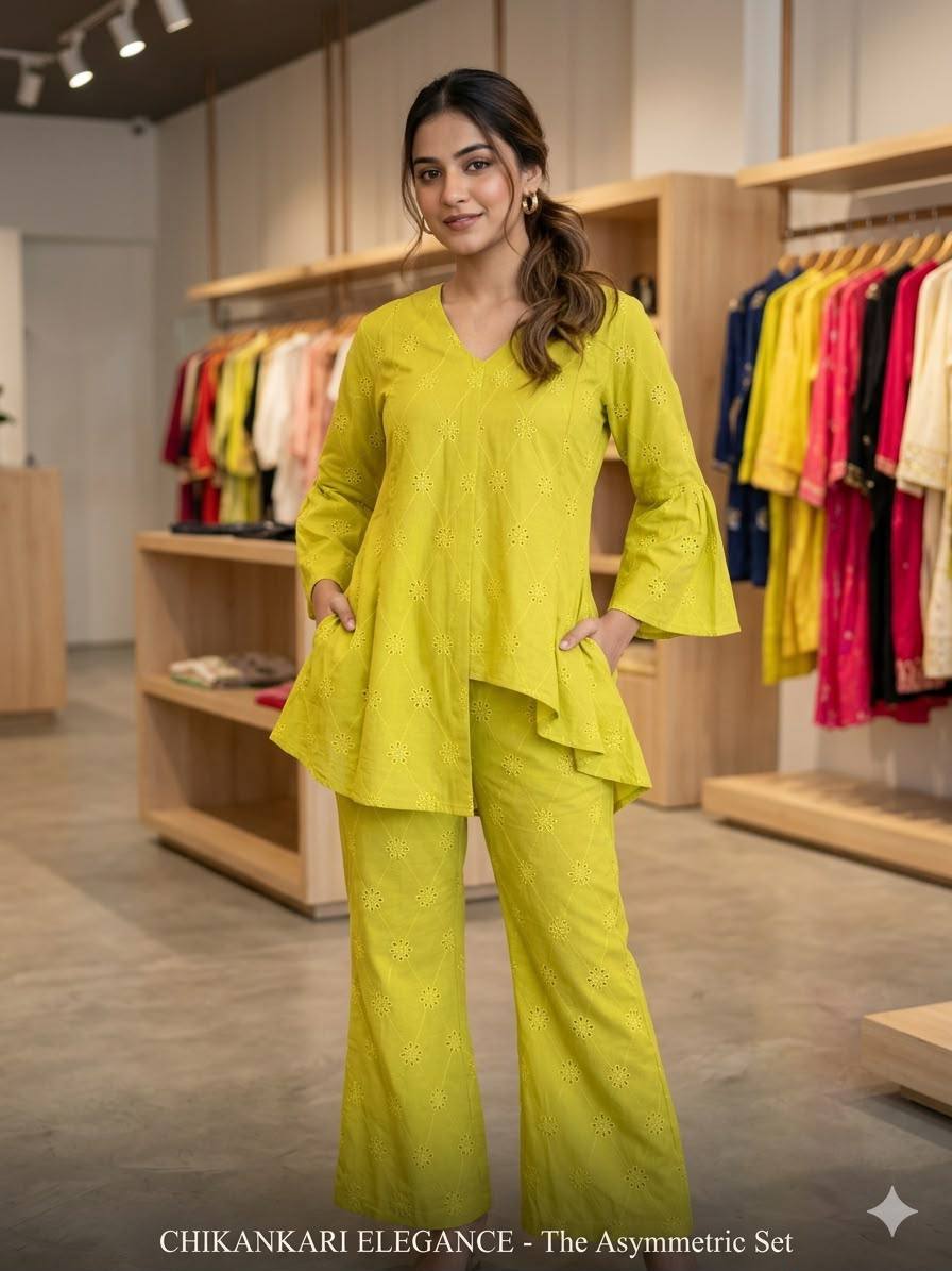 Lime Yellow Cotton Embroidered Co-ord Set, view 2
