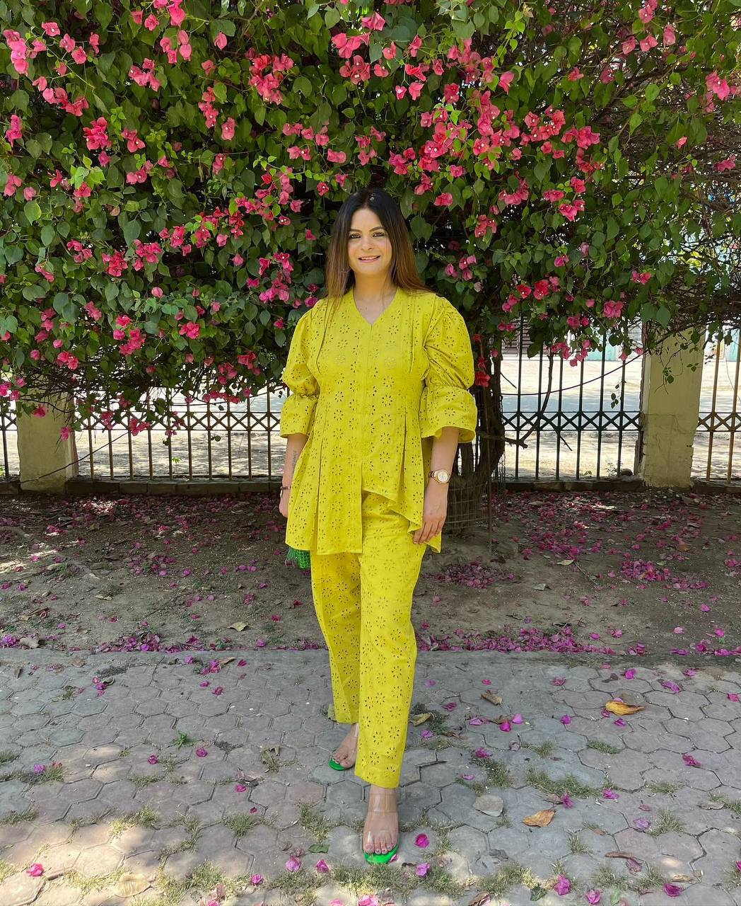 Lime Yellow Cotton Embroidered Co-ord Set, view 3