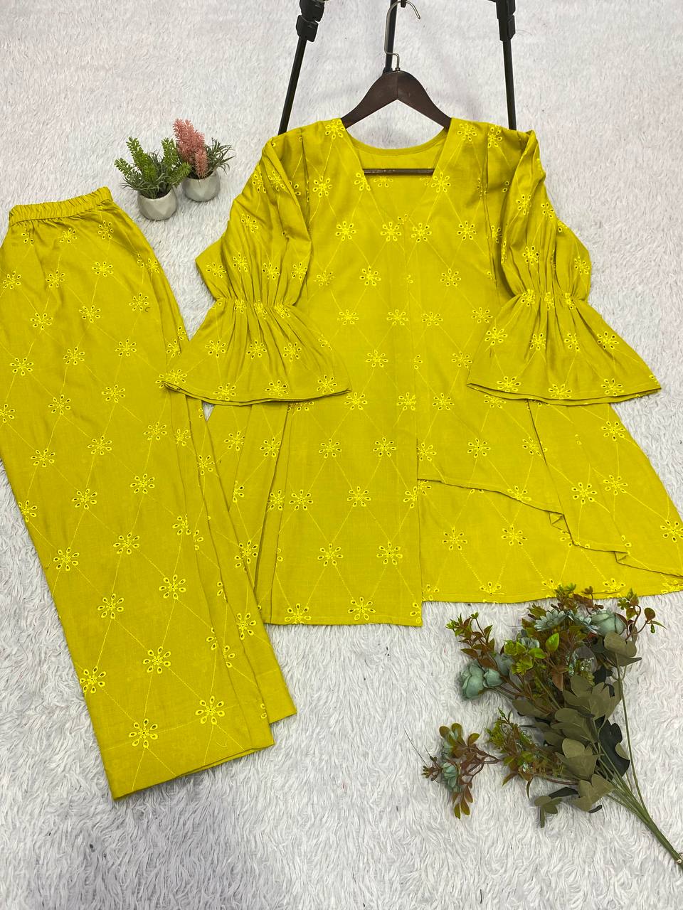 Lime Yellow Cotton Embroidered Co-ord Set, view 4