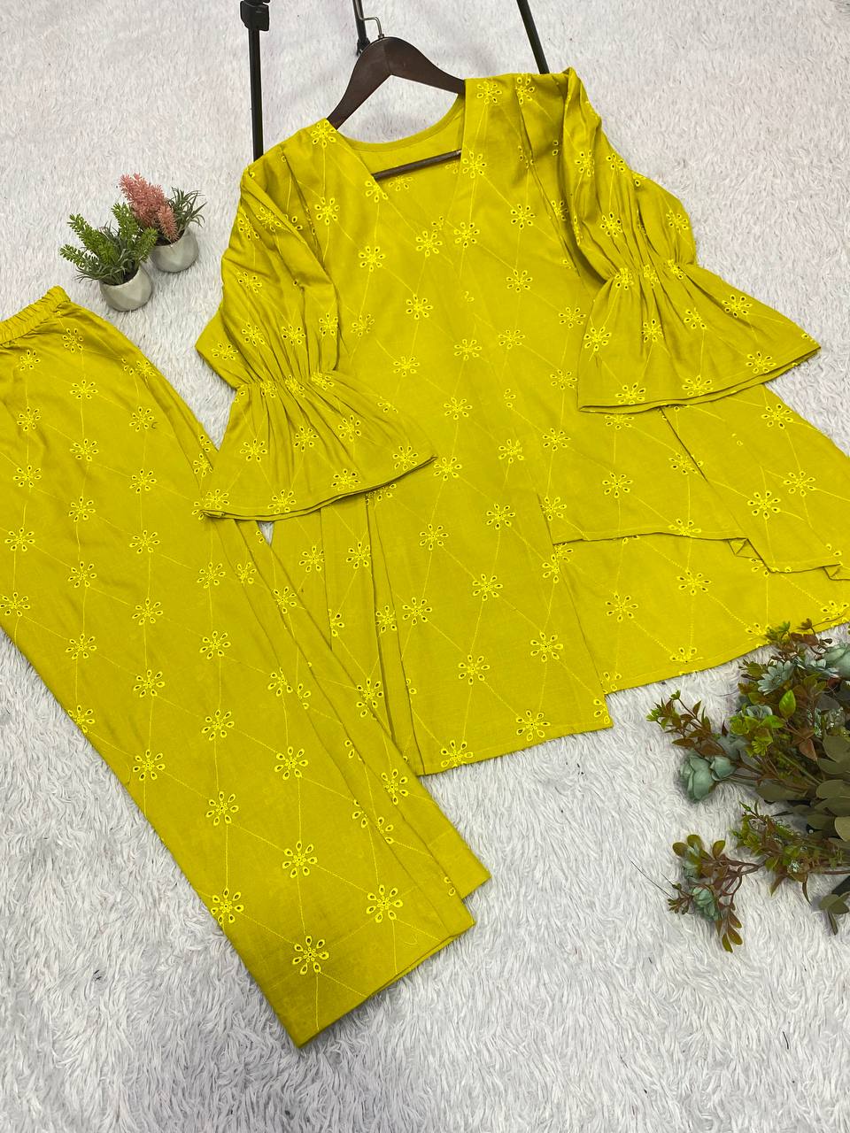Lime Yellow Cotton Embroidered Co-ord Set, view 5