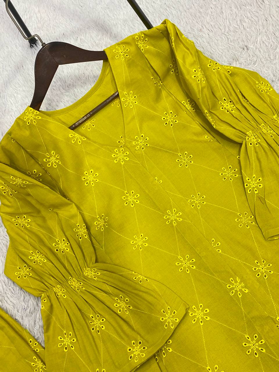 Lime Yellow Cotton Embroidered Co-ord Set, view 6