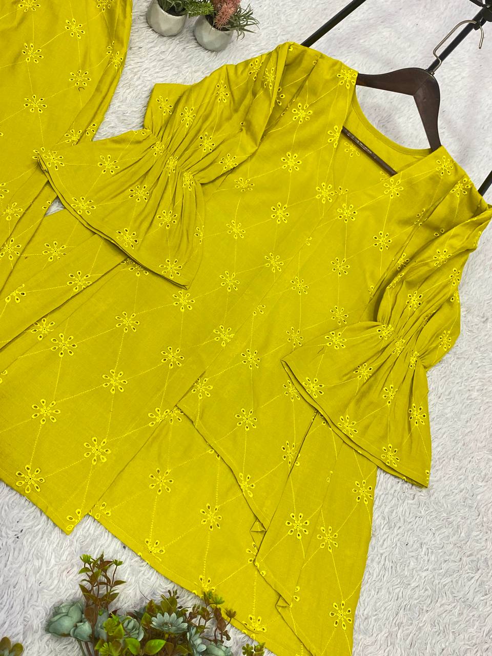 Lime Yellow Cotton Embroidered Co-ord Set, view 7