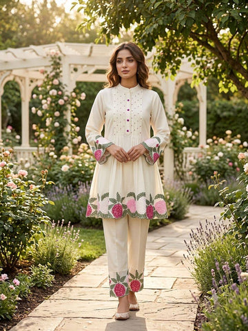 Off-White Roman Silk Embroidered Co-ord Set