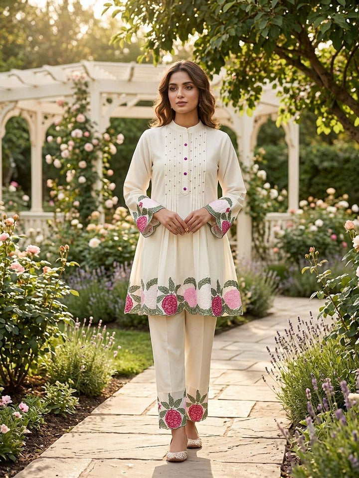 Off-White Roman Silk Embroidered Co-ord Set