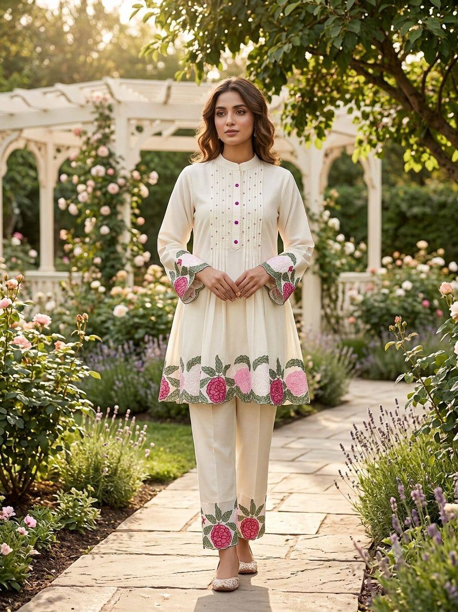 Off-White Roman Silk Embroidered Co-ord Set