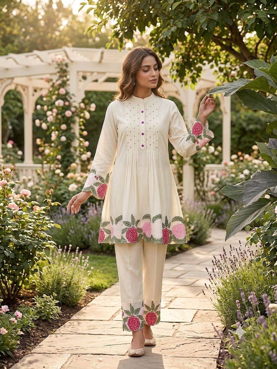 Off-White Roman Silk Embroidered Co-ord Set, view 2