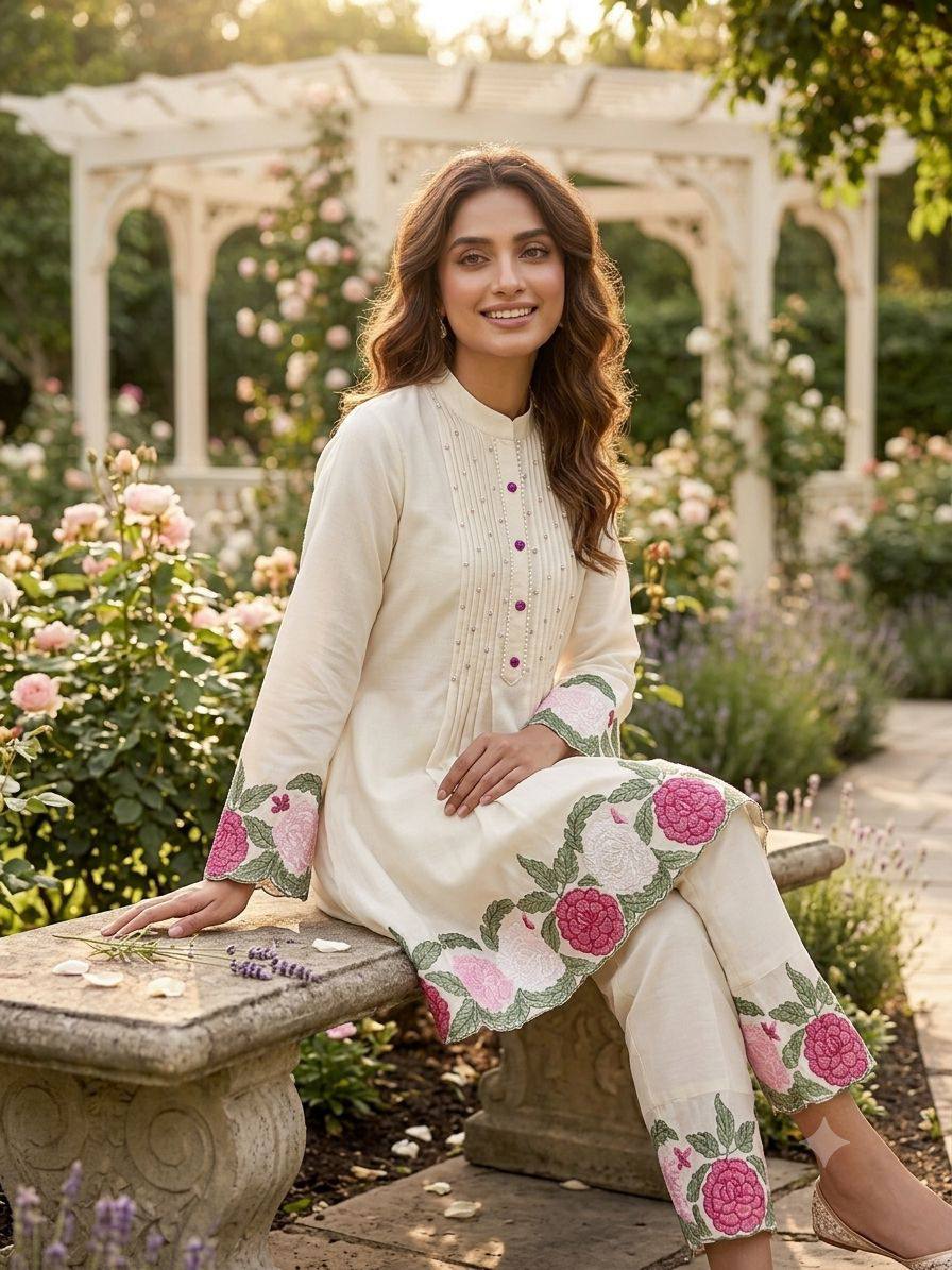 Off-White Roman Silk Embroidered Co-ord Set, view 3
