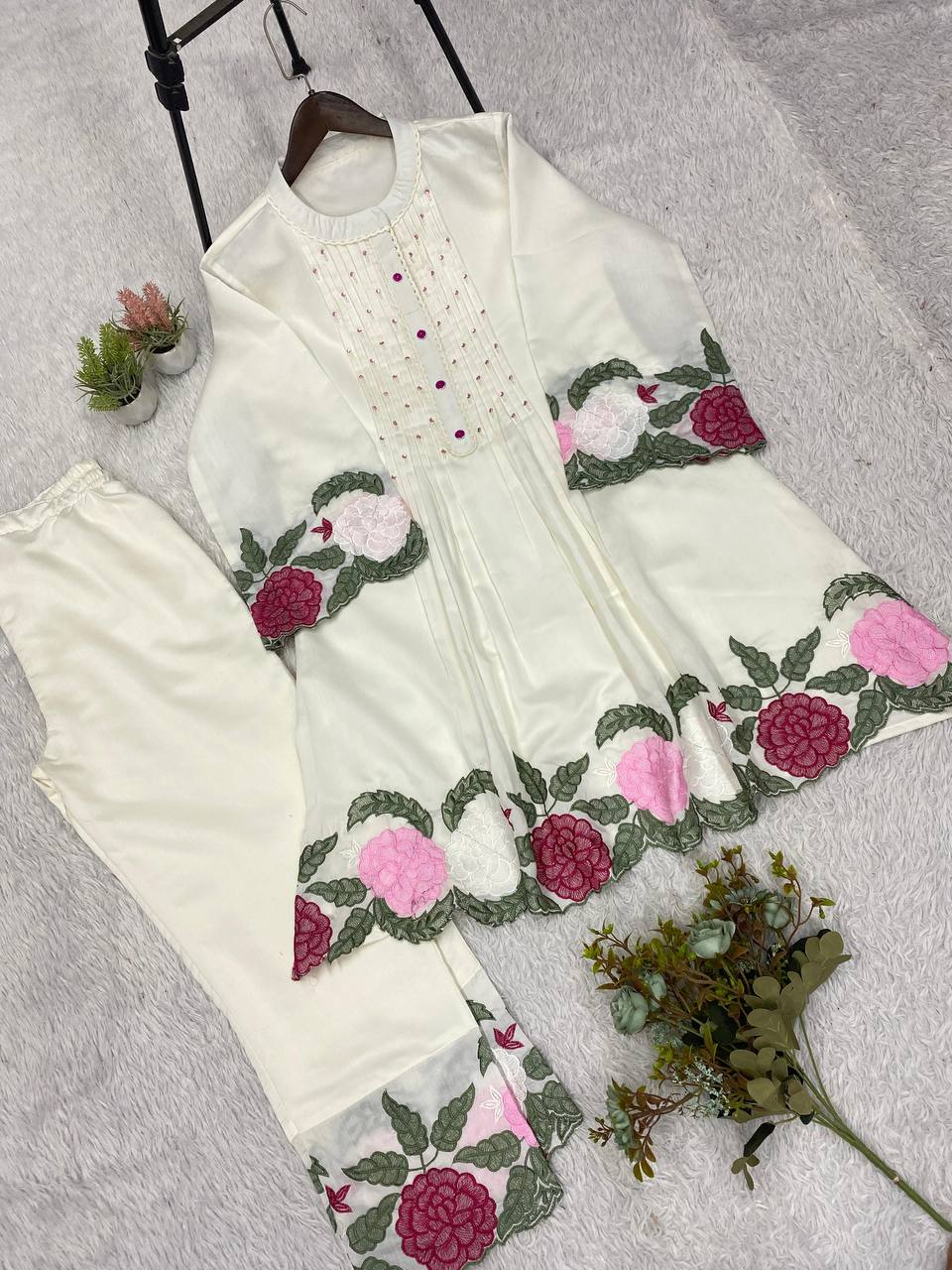Off-White Roman Silk Embroidered Co-ord Set, view 6