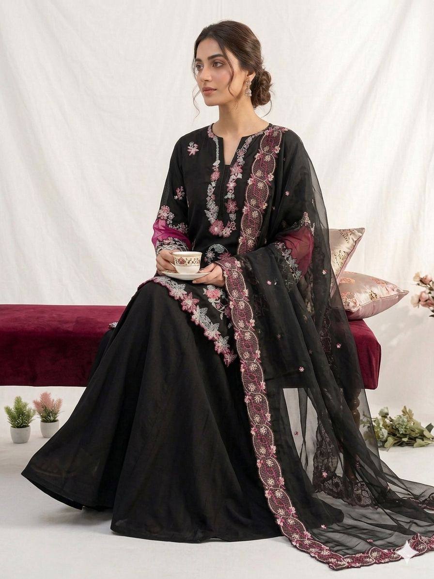 Black Crepe Silk Sequin Kurta Palazzo Set, view 2