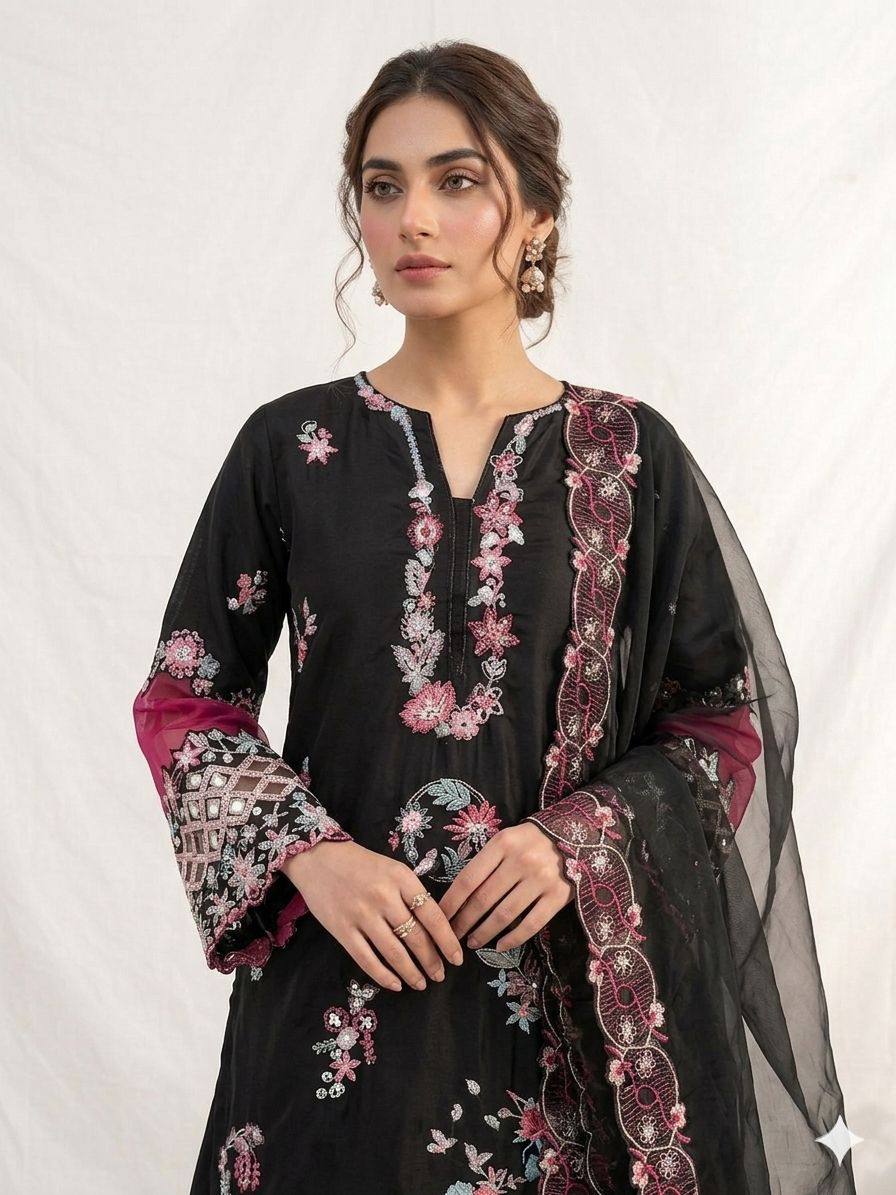 Black Crepe Silk Sequin Kurta Palazzo Set, view 3