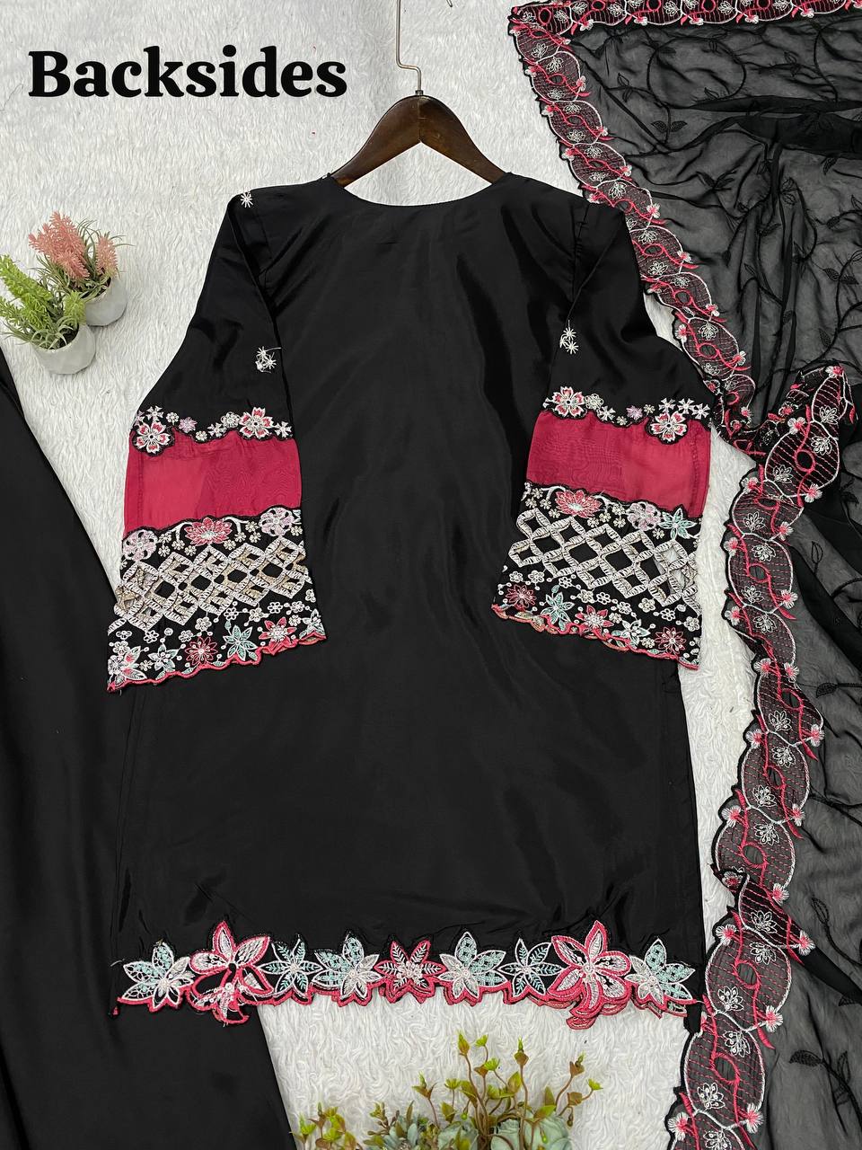 Black Crepe Silk Sequin Kurta Palazzo Set, view 8