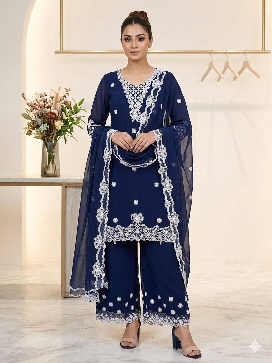 Navy Blue Georgette Sequin Kurta Palazzo Set