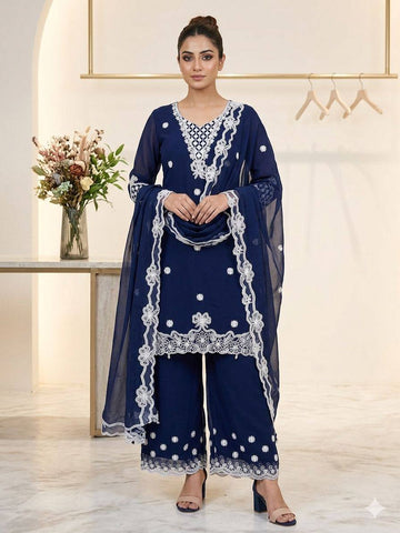 Navy Blue Georgette Sequin Kurta Palazzo Set