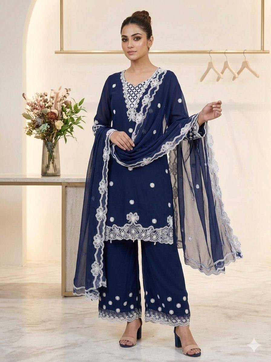 Navy Blue Georgette Sequin Kurta Palazzo Set, view 2
