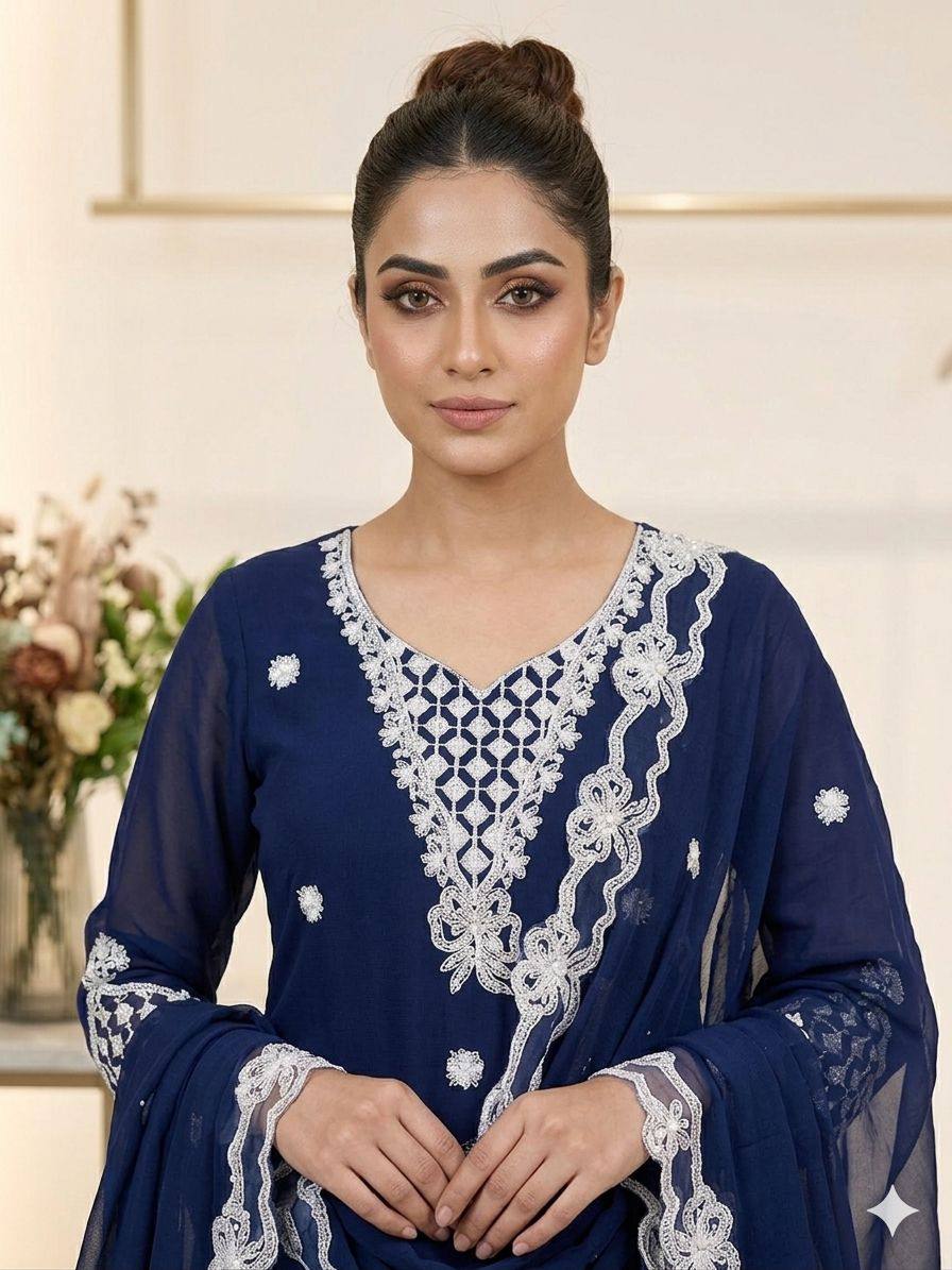 Navy Blue Georgette Sequin Kurta Palazzo Set, view 3