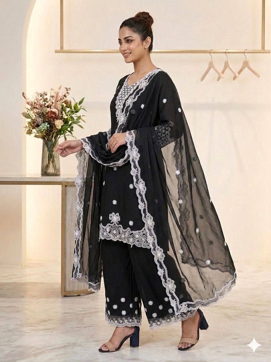 Black Georgette Sequin Kurta Palazzo Set, view 2